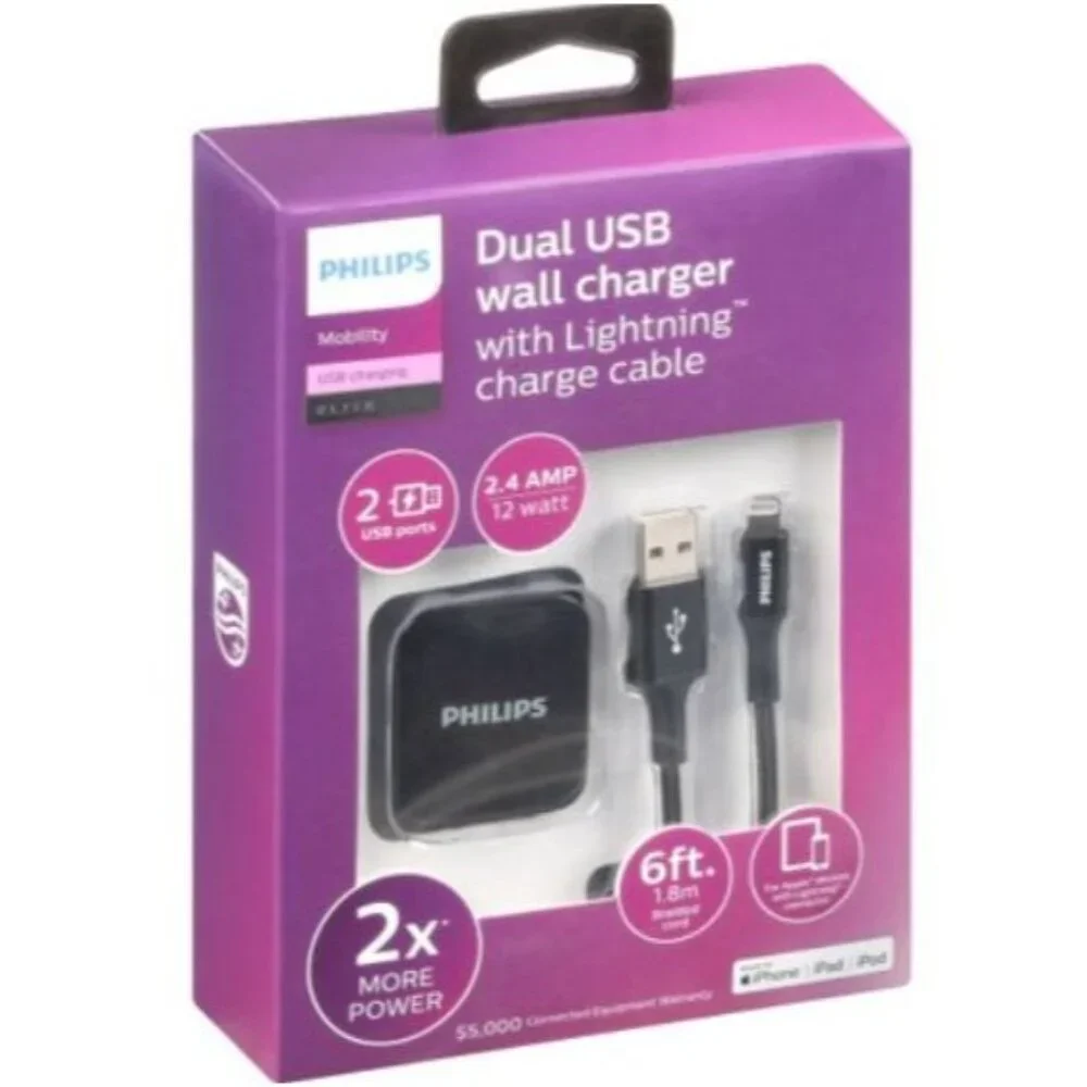 Philips Dual USM Wall Chager with USA-a/USB-C Charge Cable, Black